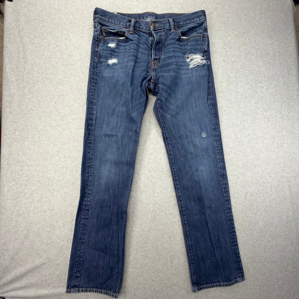 Abercrombie & Fitch Classic Straight Distressed Button Fly Jeans Mens 34x34 Blue